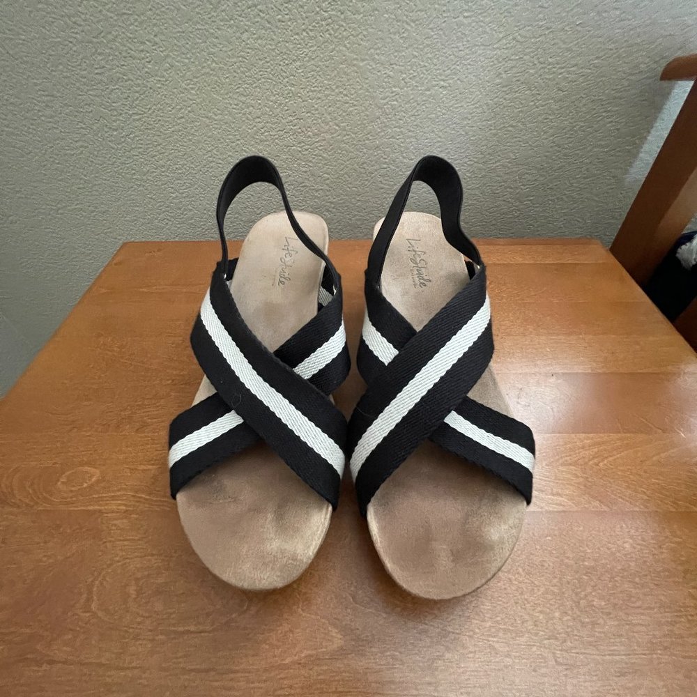 Life Stride Black & White Cork Wedge: 8.5w (wide)